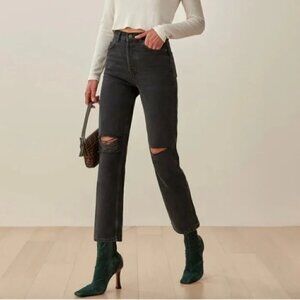 Reformation Cynthia High Rise Straight Jeans in Lagoon Destroyed